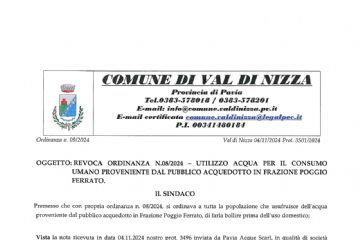 Ordinanza n.9/2024: Revoca Ordinanza n.08/2024 – utilizzo acqua per il consumo umano proveniente dal pubblico acquedotto in frazione Poggio Ferrato.  